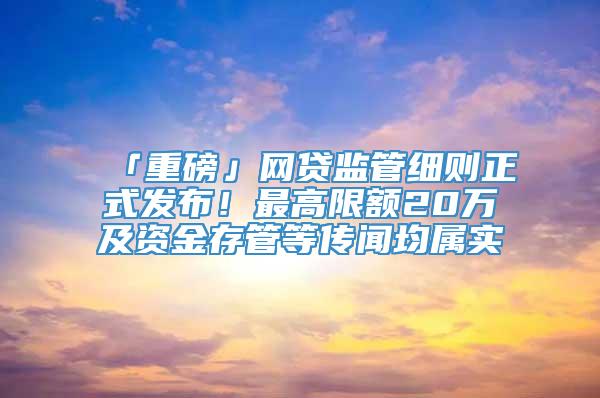 「重磅」网贷监管细则正式发布！最高限额20万及资金存管等传闻均属实